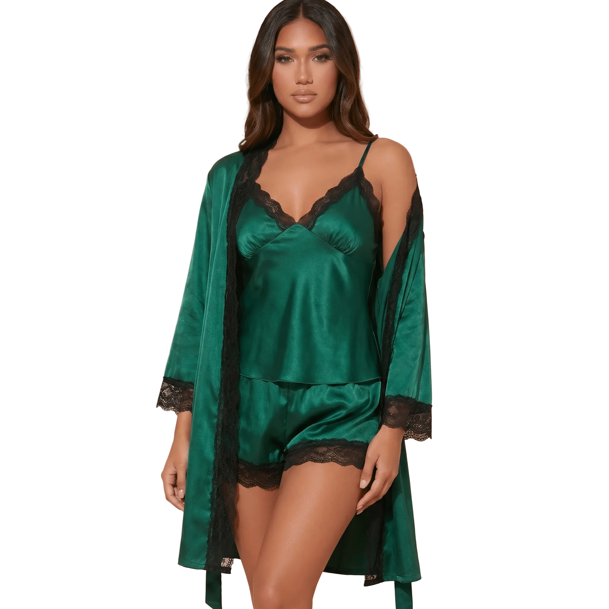 Women Pyjama Set Satin Two Piece Lace Print Sleepwear Set - Evergreen Outfits- Women Sleepwear