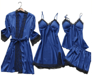 Women Pyjama Set Satin Two Piece Lace Print Sleepwear Set - Evergreen Outfits- Women Sleepwear