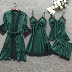 Women Pyjama Set Satin Two Piece Lace Print Sleepwear Set - Evergreen Outfits- Women Sleepwear