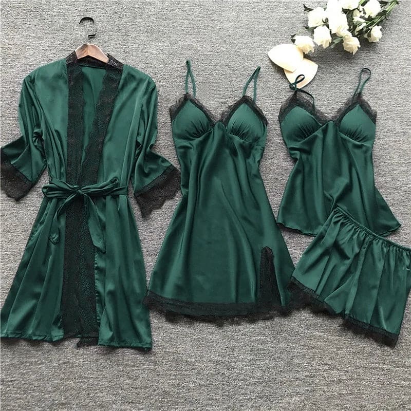 Women Pyjama Set Satin Two Piece Lace Print Sleepwear Set - Evergreen Outfits- Women Sleepwear