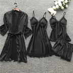 Women Pyjama Set Satin Two Piece Lace Print Sleepwear Set - Evergreen Outfits- Women Sleepwear