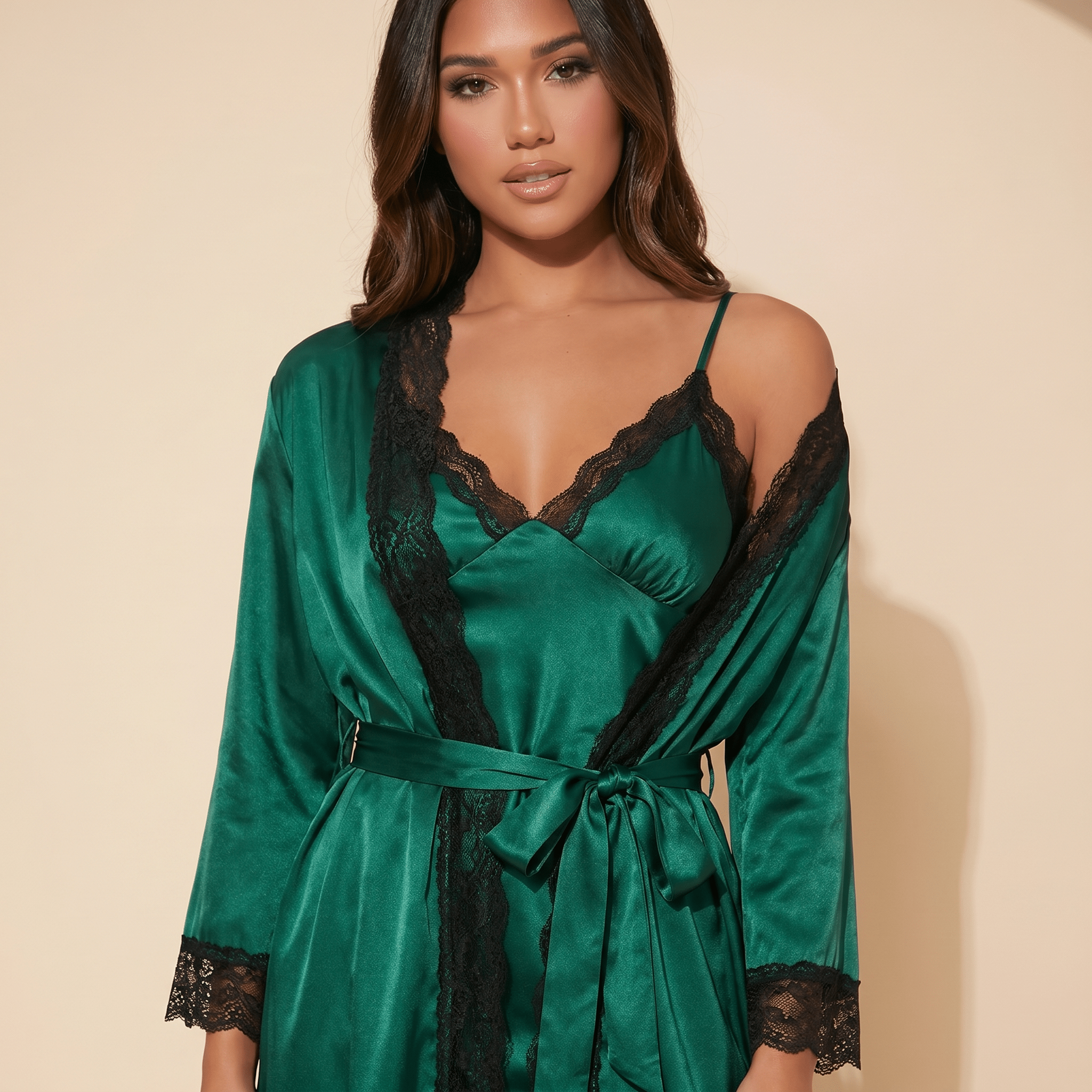 Women Pyjama Set Satin Two Piece Lace Print Sleepwear Set - Evergreen Outfits- Women Sleepwear