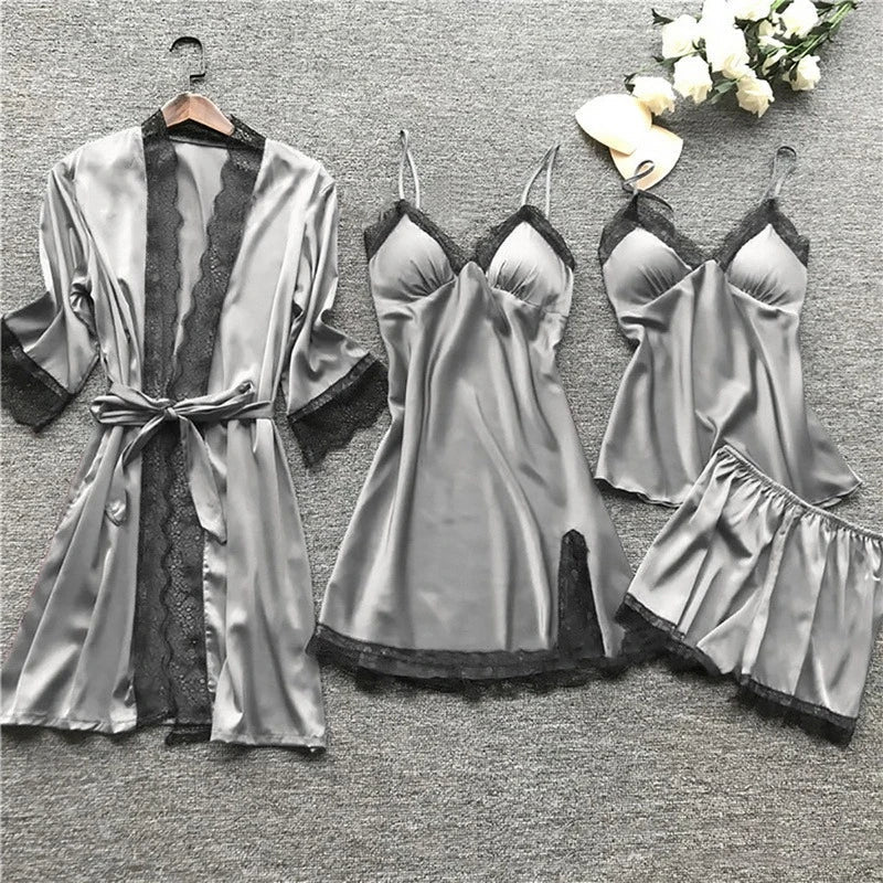 Women Pyjama Set Satin Two Piece Lace Print Sleepwear Set - Evergreen Outfits- Women Sleepwear