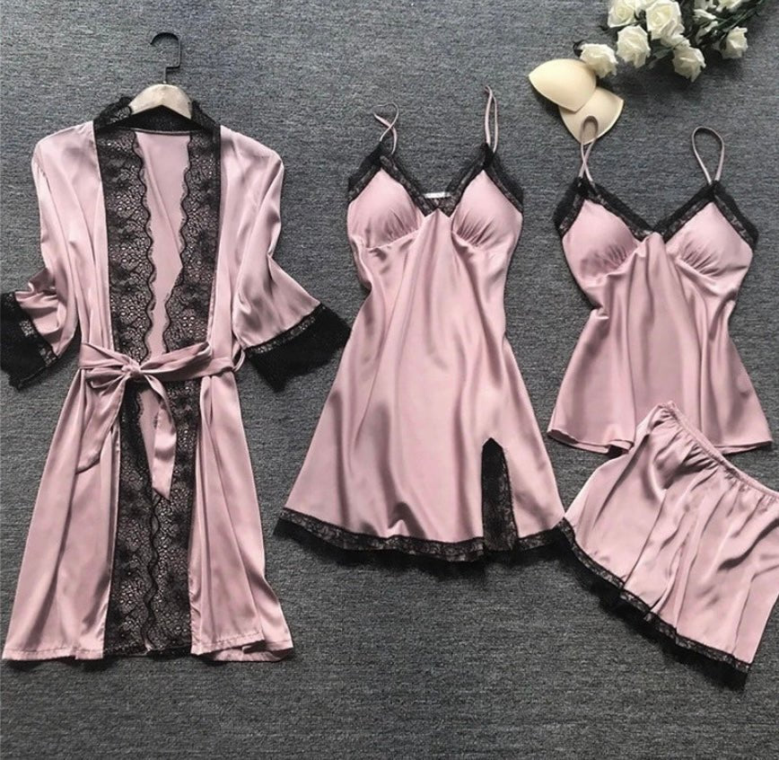 Women Pyjama Set Satin Two Piece Lace Print Sleepwear Set - Evergreen Outfits- Women Sleepwear