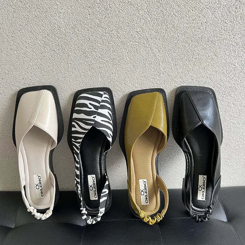 Women Sandals Slingback Strap Square Toe Flat Design - Evergreen Outfits - Women Sandal