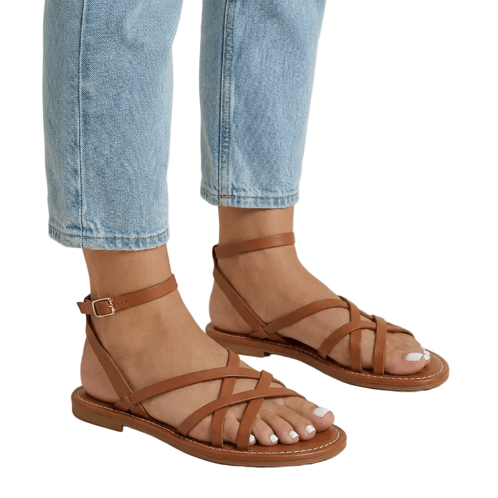 Women Sandals Strappy Design Open Toe Ankle Strap Closure - Evergreen Outfits - Women Sandal