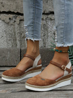 Women Sandals Suede Wedge Heel Ankle Strap Open Toe - Evergreen Outfits - Women Sandal