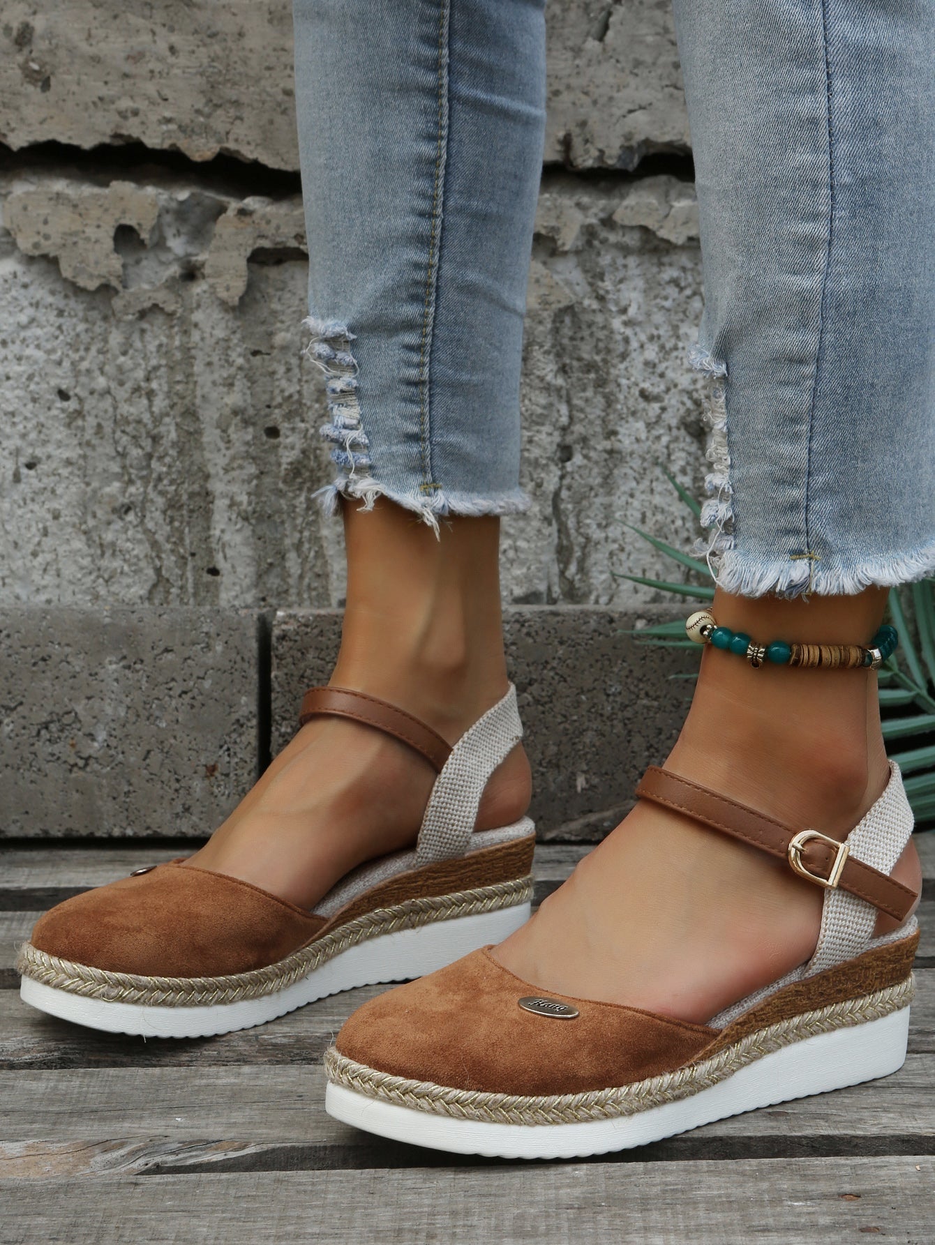 Women Sandals Suede Wedge Heel Ankle Strap Open Toe - Evergreen Outfits - Women Sandal