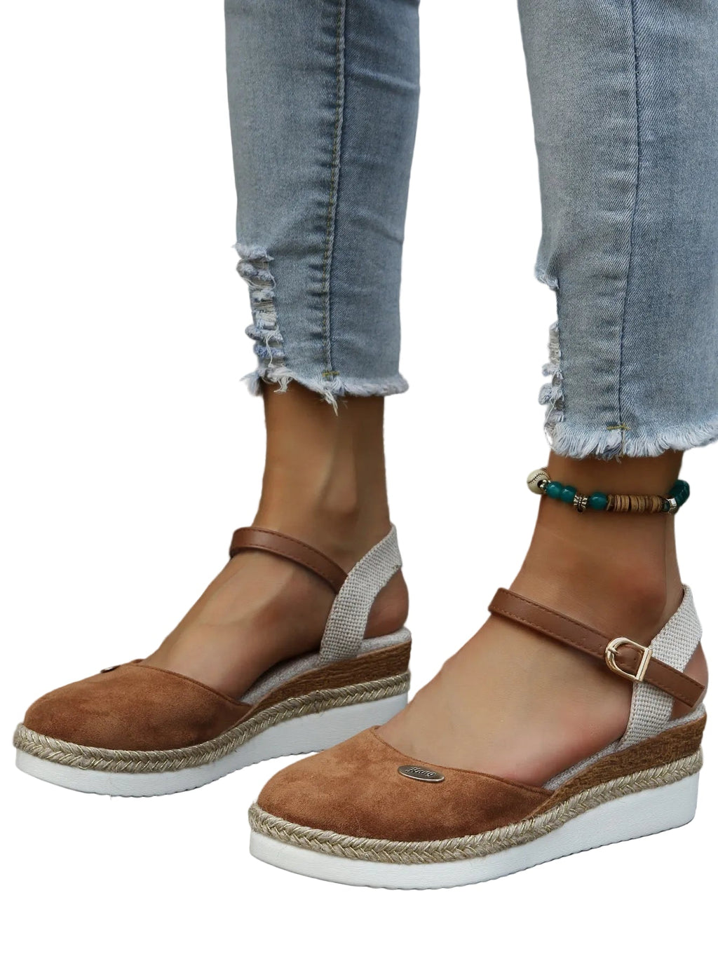 Women Sandals Suede Wedge Heel Ankle Strap Open Toe - Evergreen Outfits - Women Sandal