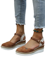 Women Sandals Suede Wedge Heel Ankle Strap Open Toe - Evergreen Outfits - Women Sandal