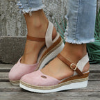 Women Sandals Suede Wedge Heel Ankle Strap Open Toe - Evergreen Outfits - Women Sandal