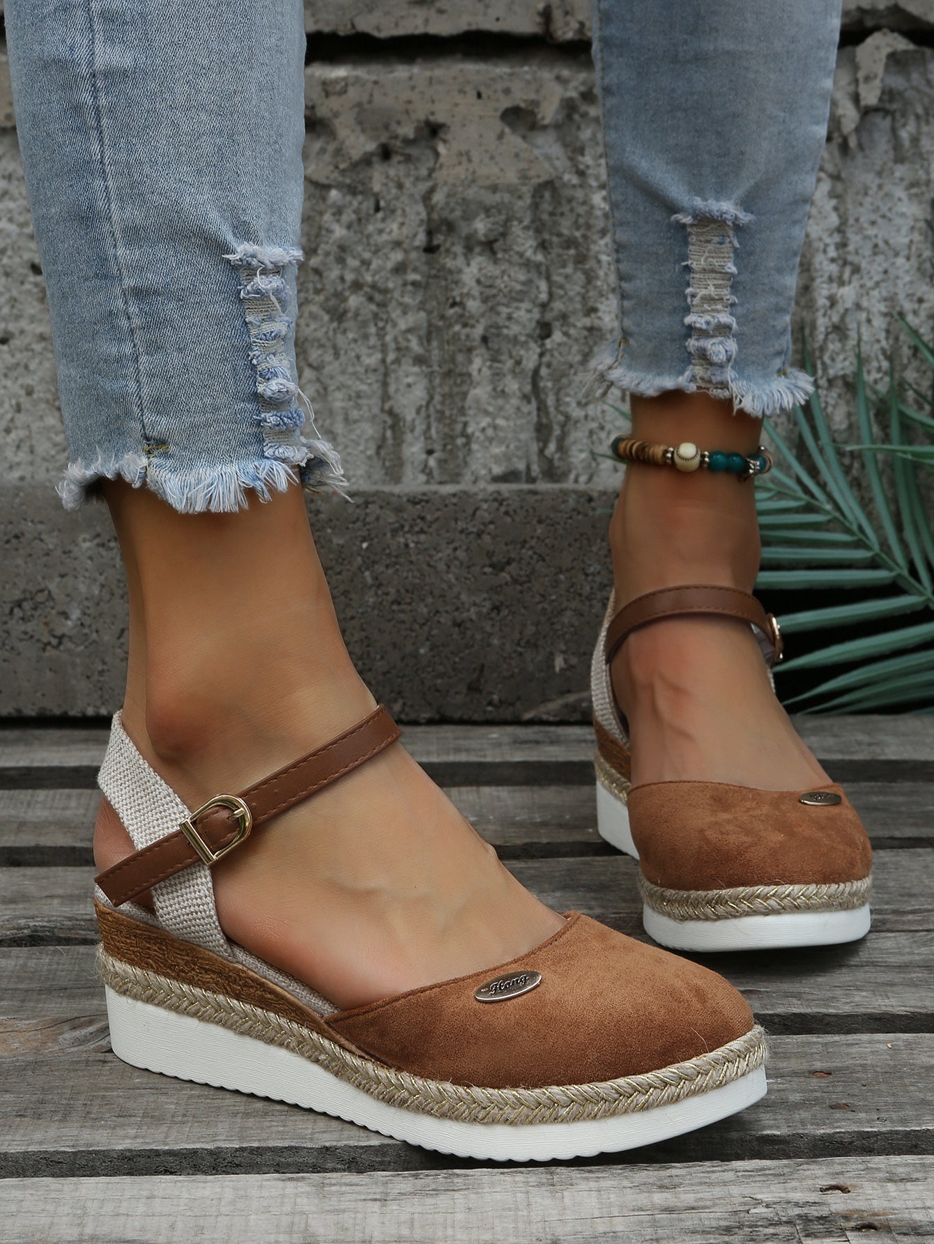 Women Sandals Suede Wedge Heel Ankle Strap Open Toe - Evergreen Outfits - Women Sandal