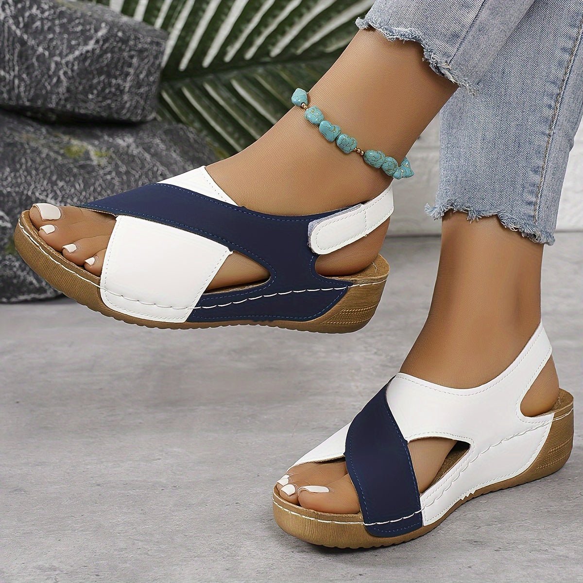 Women Sandals Wedge Heel Open Toe Ankle Strap Closure - Evergreen Outfits - Women Sandal
