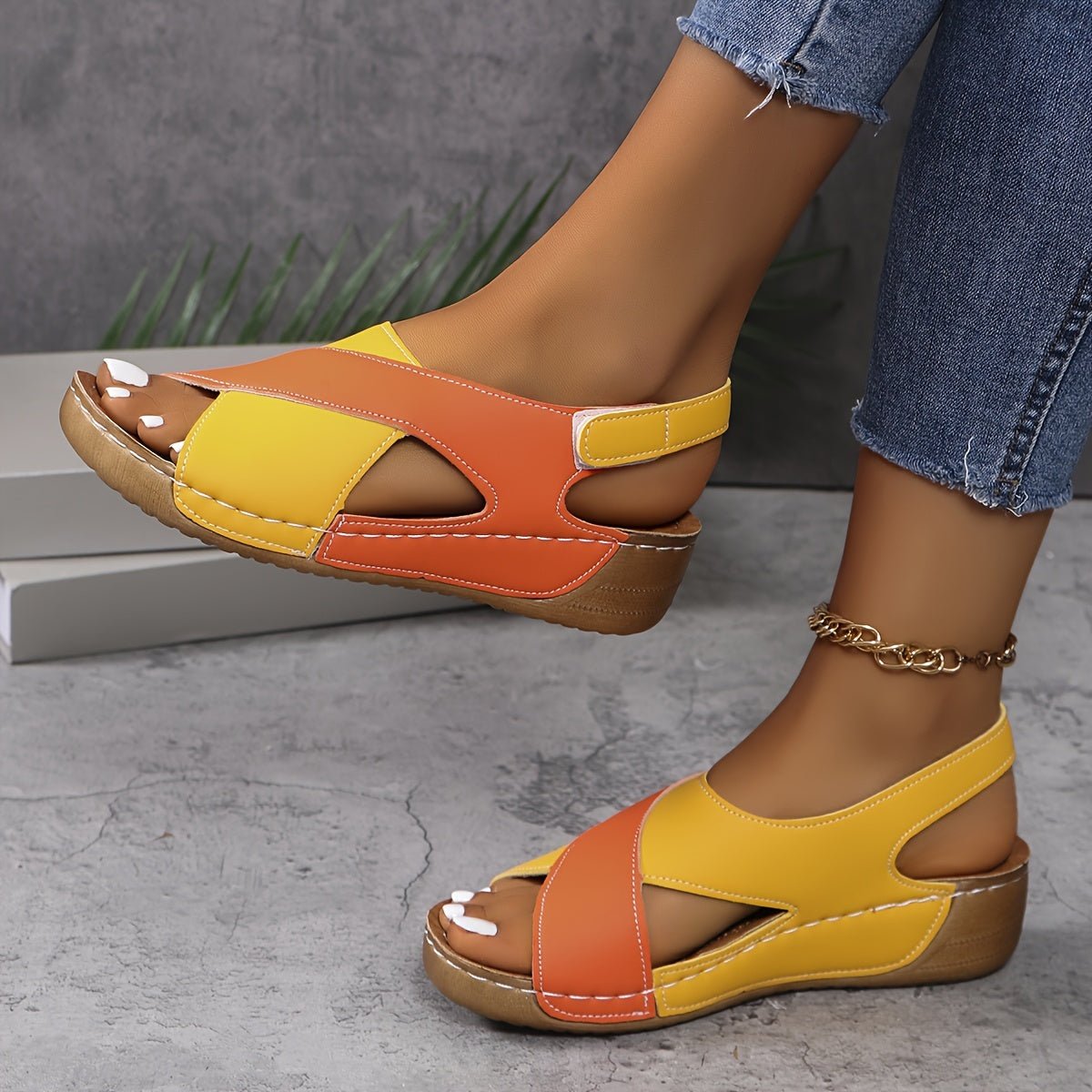 Women Sandals Wedge Heel Open Toe Ankle Strap Closure - Evergreen Outfits - Women Sandal