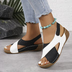 Women Sandals Wedge Heel Open Toe Ankle Strap Closure - Evergreen Outfits - Women Sandal