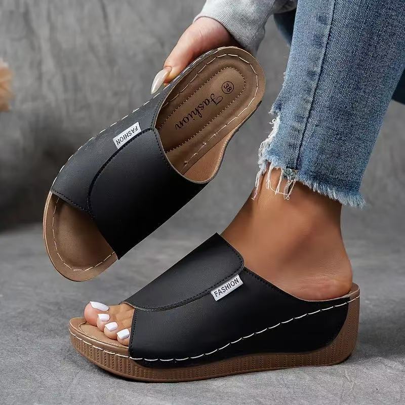Women Sandals Wedge Heel Slip On Open Toe Platform - Evergreen Outfits - Women Sandal