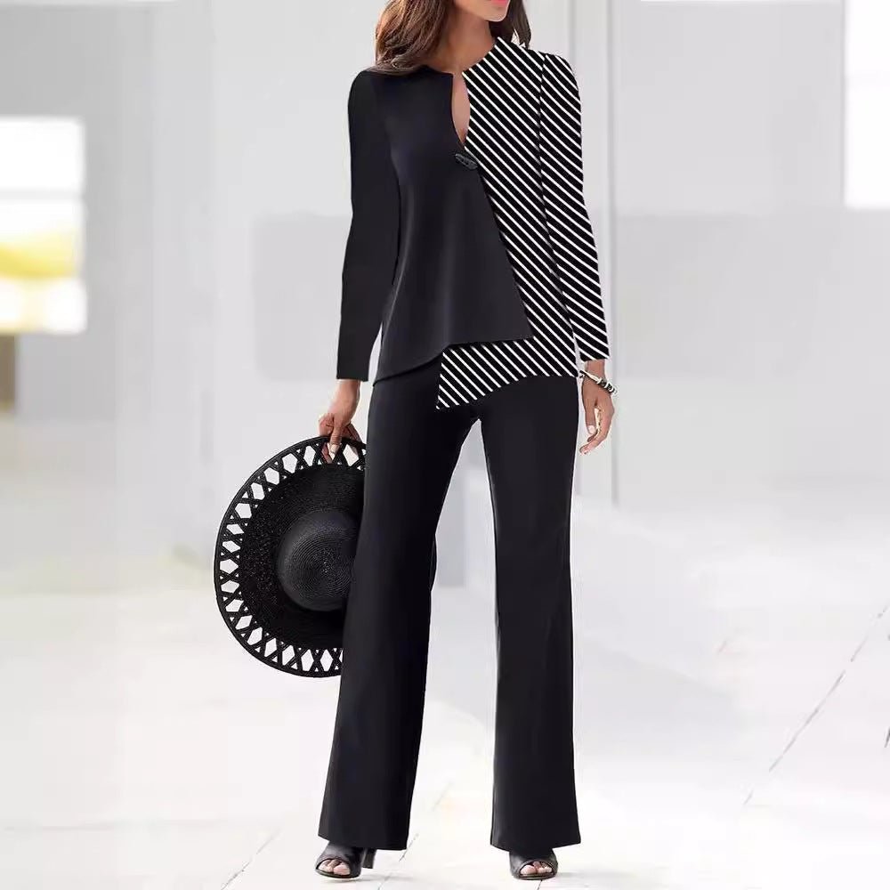 Women Set | Asymmetric Colour-Block Top and Straight Trousers - Evergreen Outfits- Sets