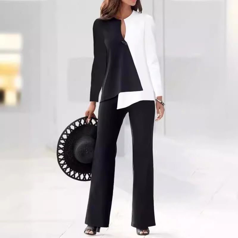 Women Set | Asymmetric Colour-Block Top and Straight Trousers - Evergreen Outfits- Sets