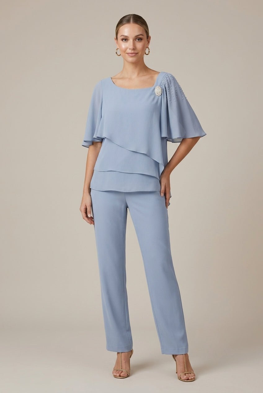 Women Set | Asymmetric Overlay Top and Straight Leg Trousers - Evergreen Outfits- Sets