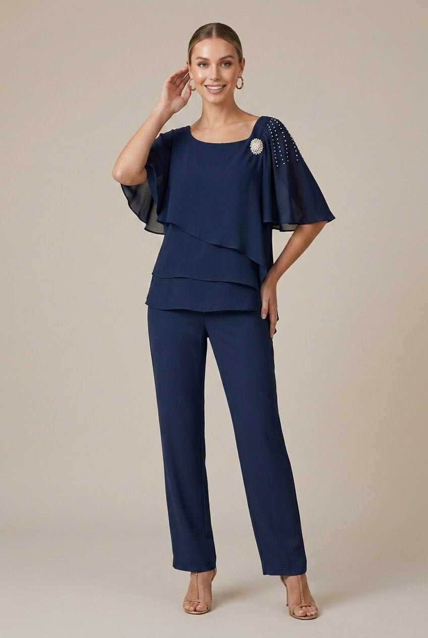 Women Set | Asymmetric Overlay Top and Straight Leg Trousers - Evergreen Outfits- Sets