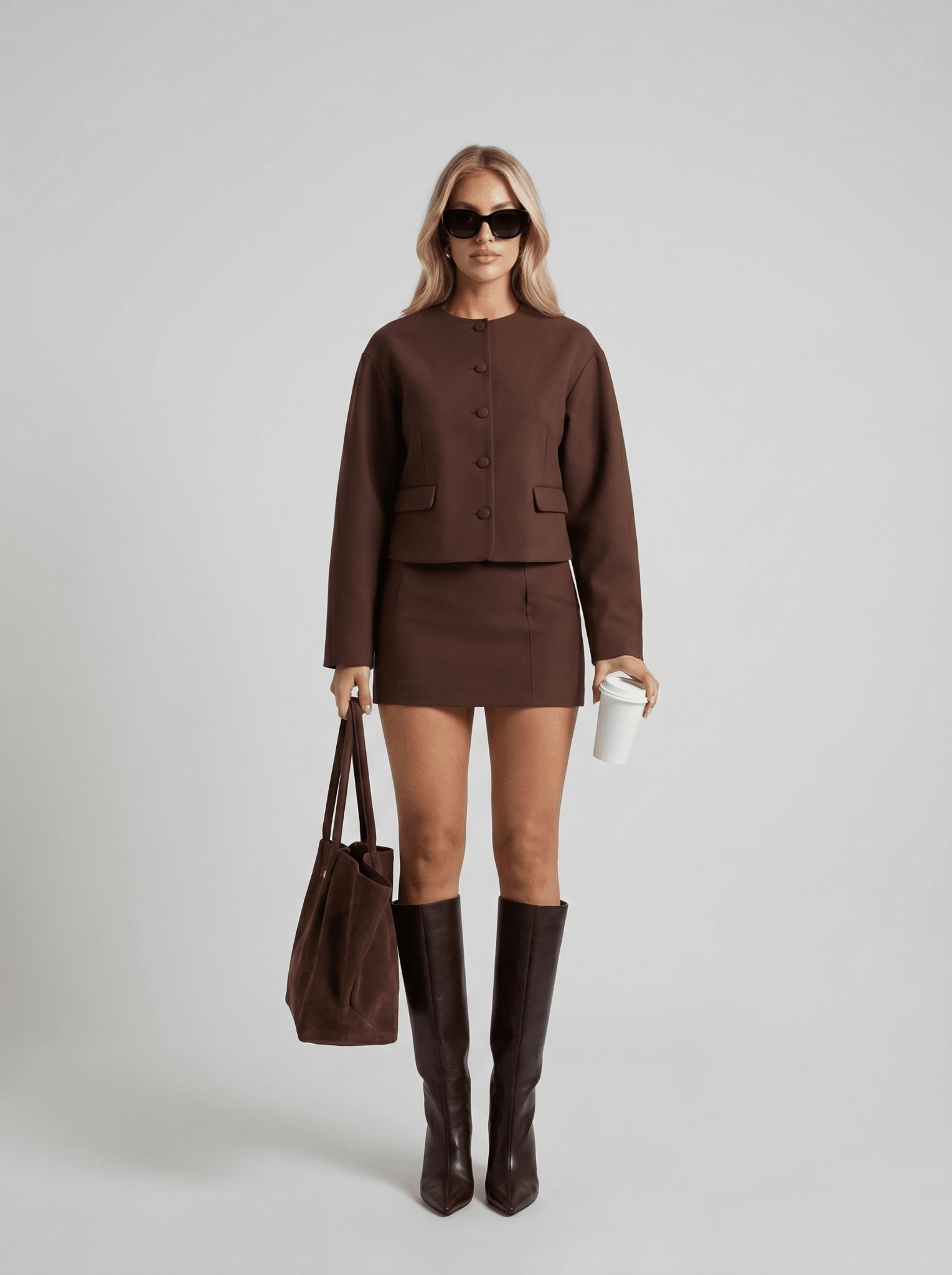 Women Set Cropped Blazer High Waist Mini Skirt Outfit - Evergreen Outfits - Women Set