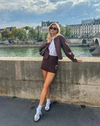 Women Set Cropped Blazer High Waist Mini Skirt Outfit - Evergreen Outfits - Women Set
