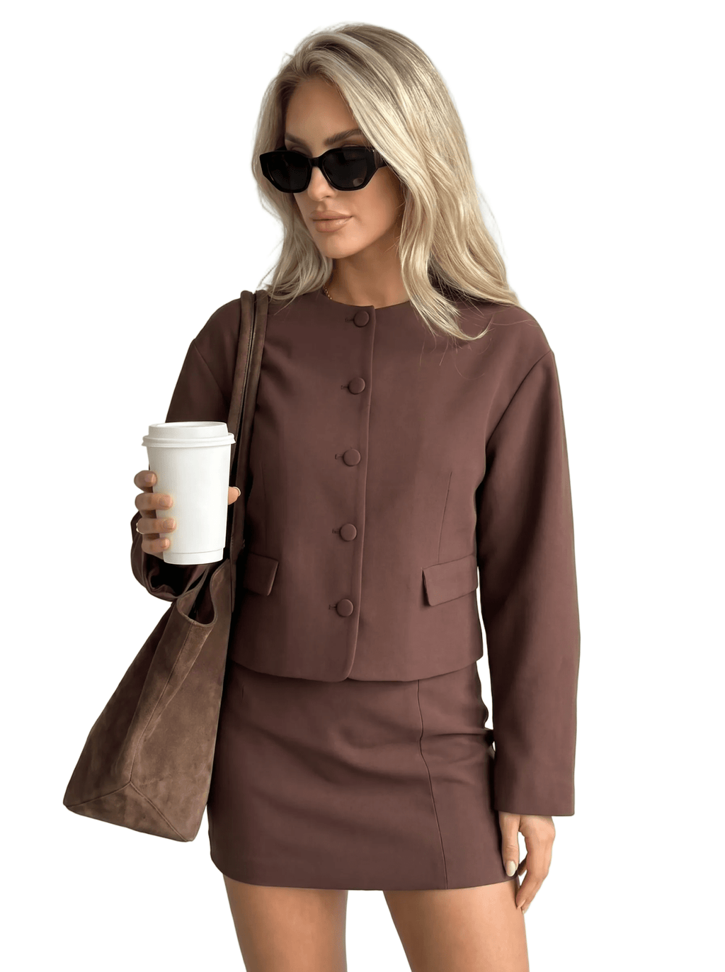 Women Set Cropped Blazer High Waist Mini Skirt Outfit - Evergreen Outfits - Women Set