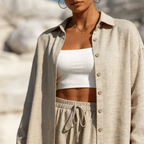 Women Set Loose Fit Long Sleeve Elastic Waist Wide Leg - Evergreen Outfits - Women Set