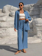 Women Set Loose Fit Long Sleeve Elastic Waist Wide Leg - Evergreen Outfits - Women Set