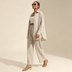 Women Set Loose Fit Long Sleeve Elastic Waist Wide Leg - Evergreen Outfits - Women Set