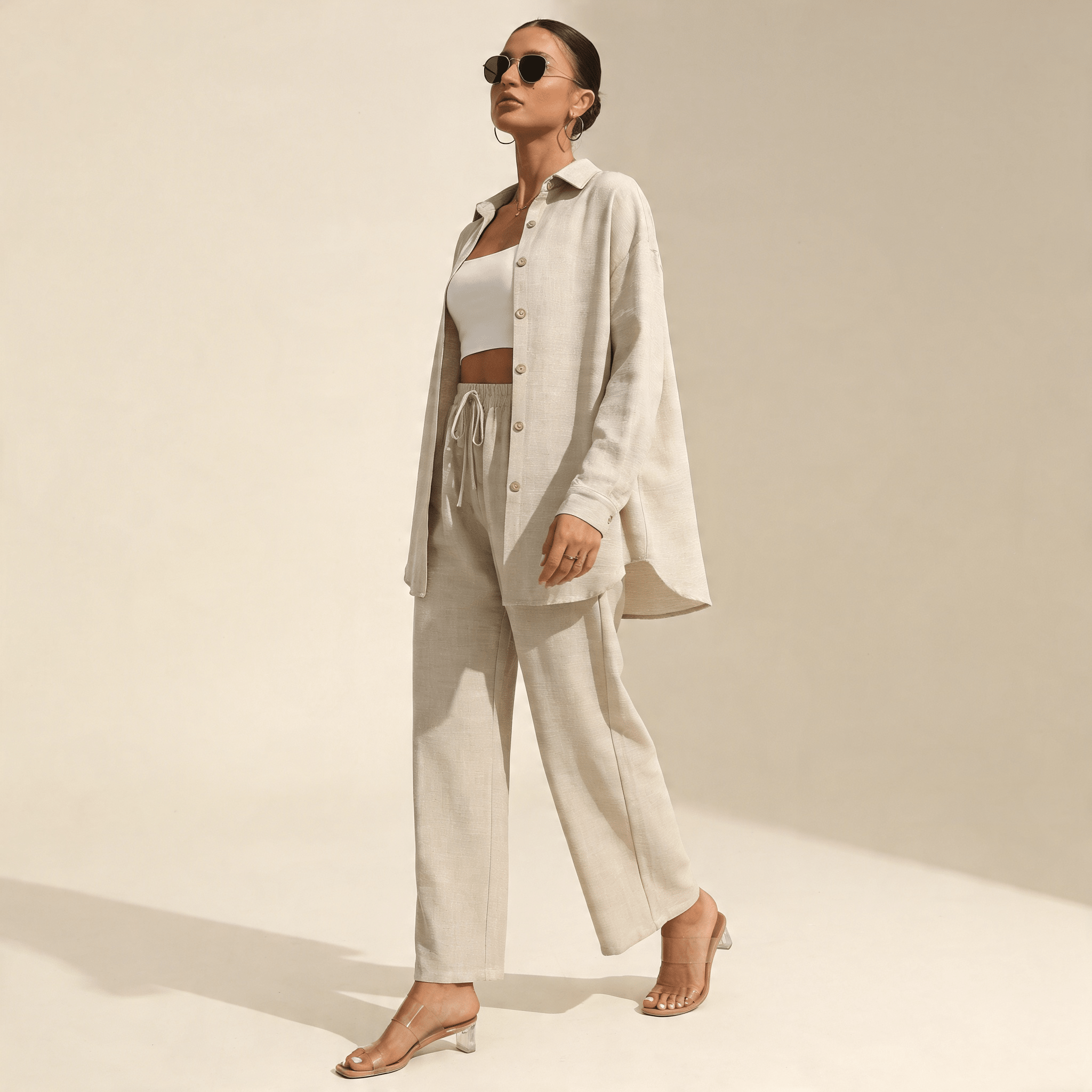 Women Set Loose Fit Long Sleeve Elastic Waist Wide Leg - Evergreen Outfits - Women Set