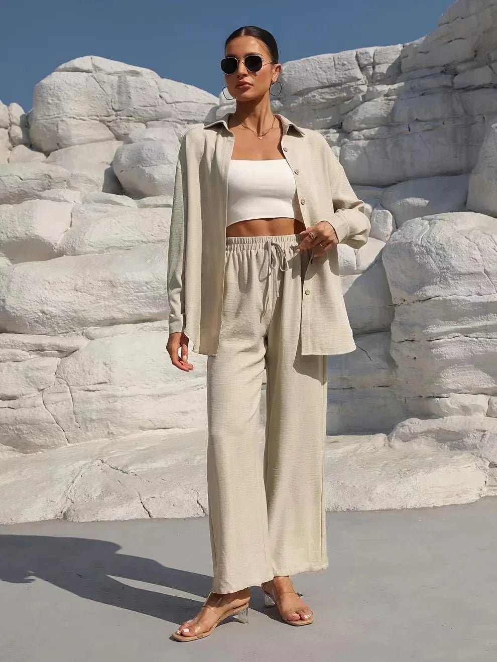 Women Set Loose Fit Long Sleeve Elastic Waist Wide Leg - Evergreen Outfits - Women Set