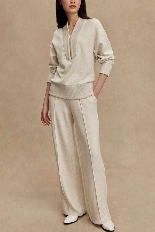 Women Set | Loose Fit with Zip Detail and Wide-Leg Trousers - Evergreen Outfits- Sets