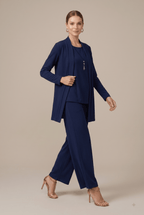 Women Set | Relaxed Fit Three-Piece with Wide Leg Trousers - Evergreen Outfits- Sets