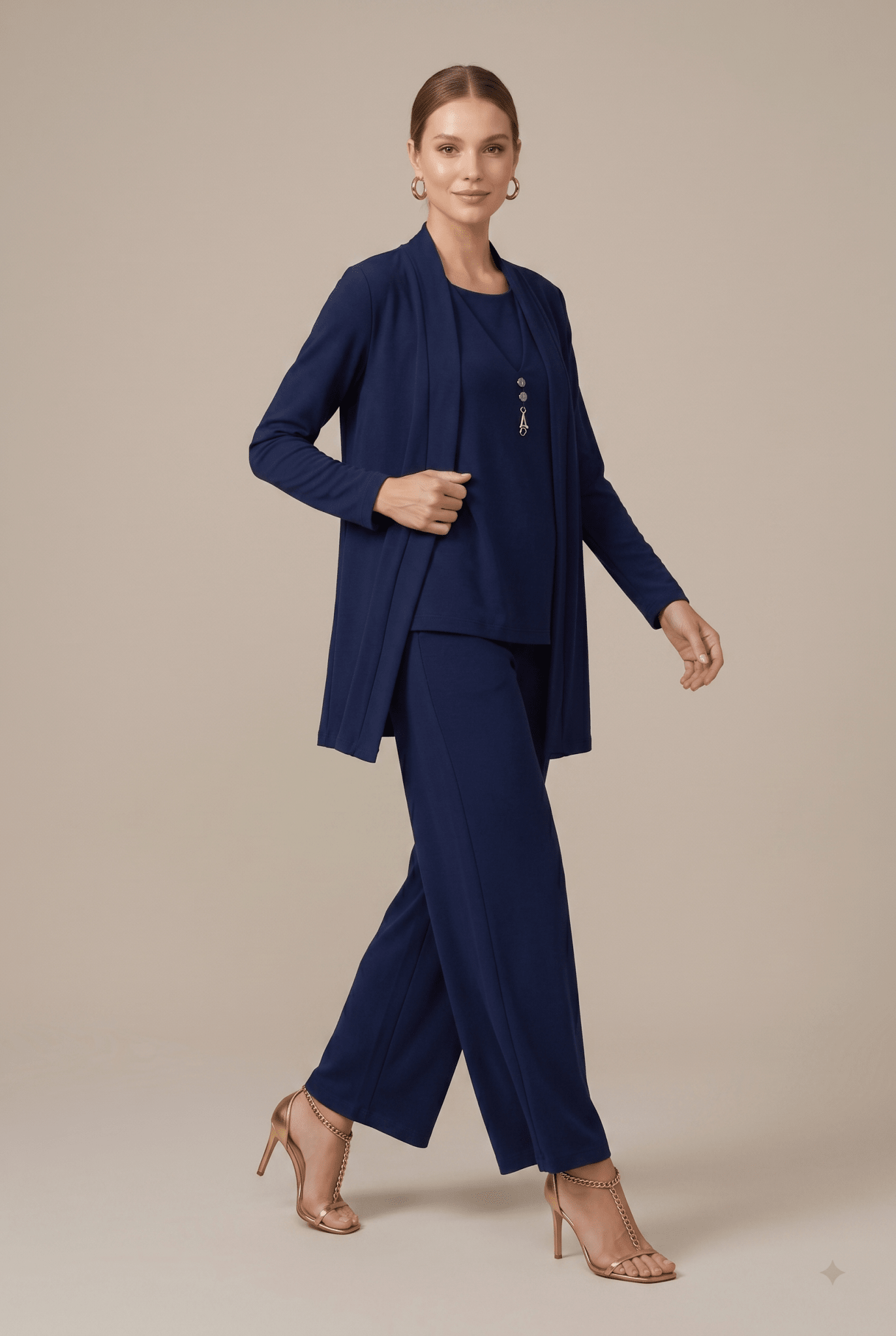 Women Set | Relaxed Fit Three-Piece with Wide Leg Trousers - Evergreen Outfits- Sets