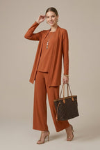 Women Set | Relaxed Fit Three-Piece with Wide Leg Trousers - Evergreen Outfits- Sets