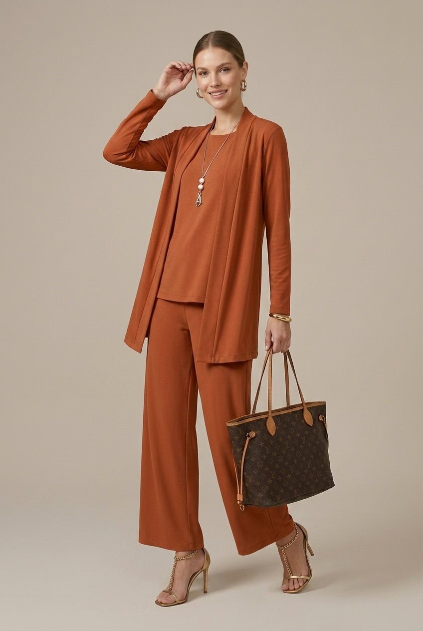 Women Set | Relaxed Fit Three-Piece with Wide Leg Trousers - Evergreen Outfits- Sets