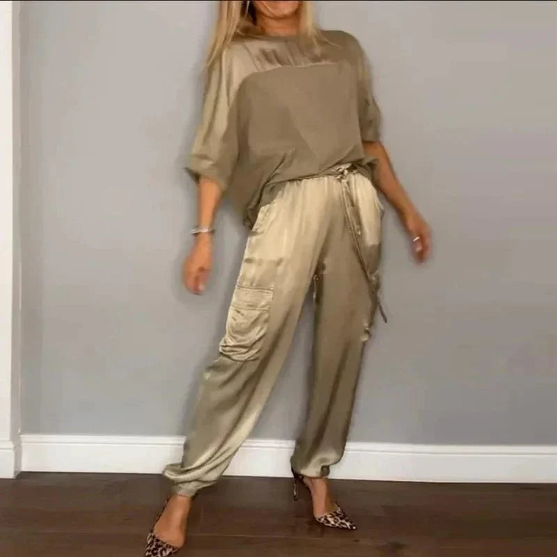 Women Set | Relaxed Fit with Half Sleeves and Elastic Waist - Evergreen Outfits- Sets