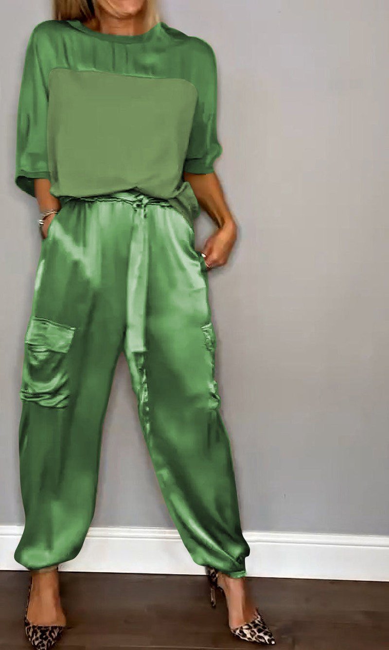 Women Set | Relaxed Fit with Half Sleeves and Elastic Waist - Evergreen Outfits- Sets
