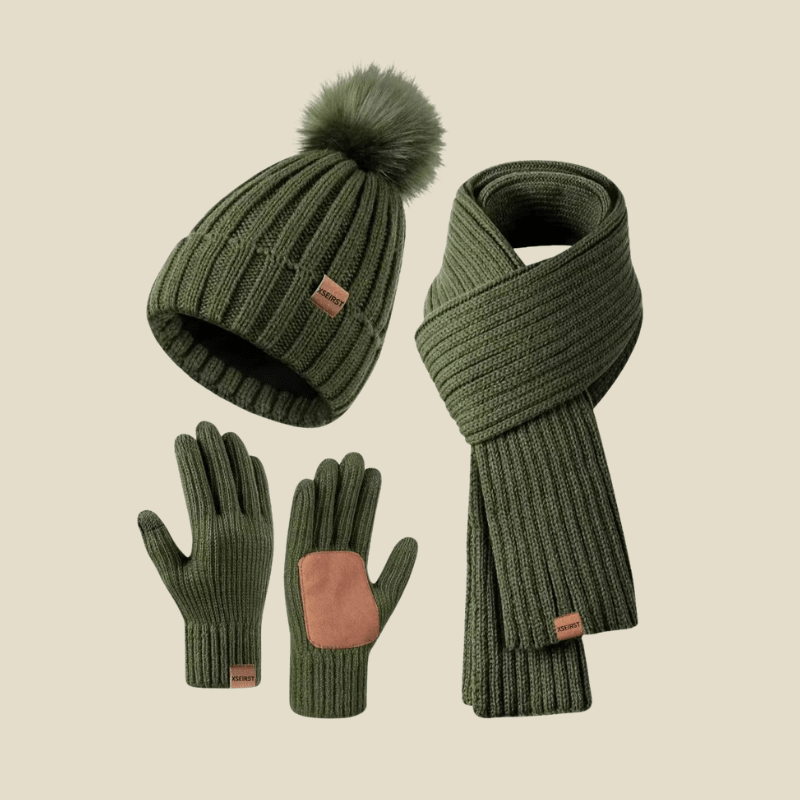 Women Set | Ribbed Knit Beanie Scarf and Gloves Three-Piece - Evergreen Outfits- Sets