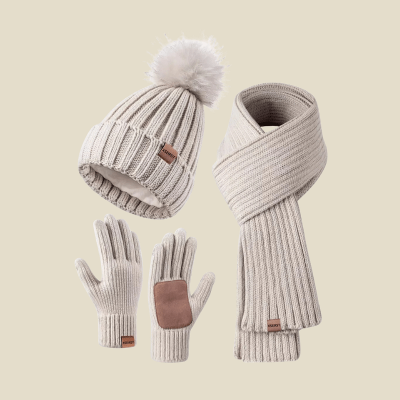 Women Set | Ribbed Knit Beanie Scarf and Gloves Three-Piece - Evergreen Outfits- Sets