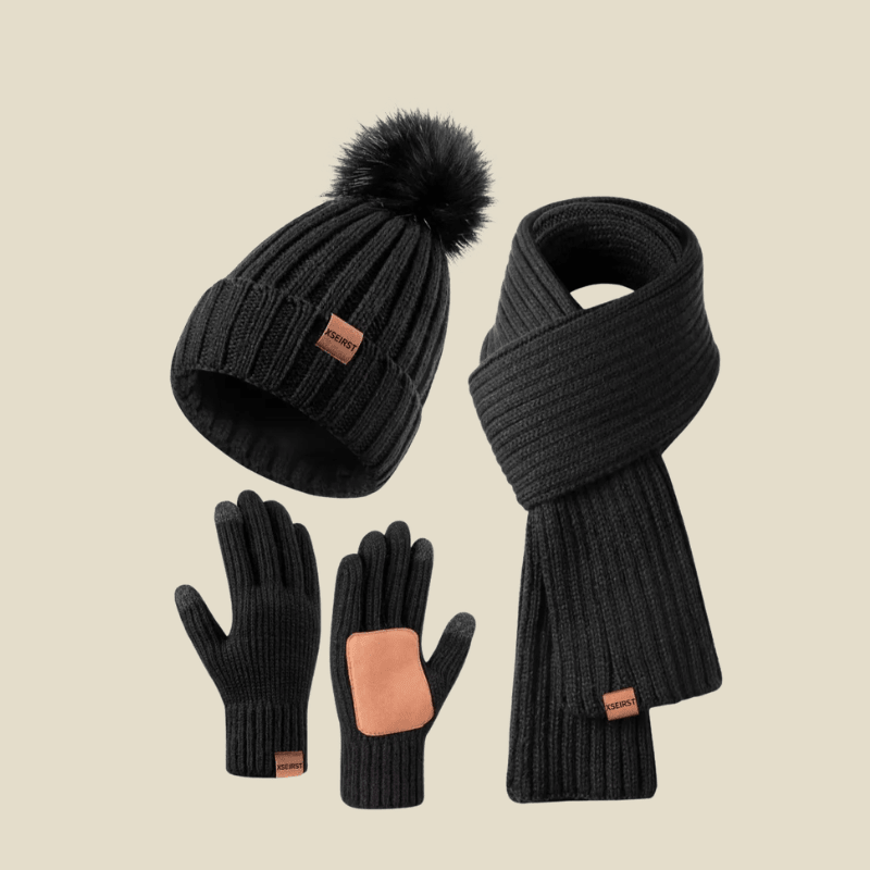 Women Set | Ribbed Knit Beanie Scarf and Gloves Three-Piece - Evergreen Outfits- Sets