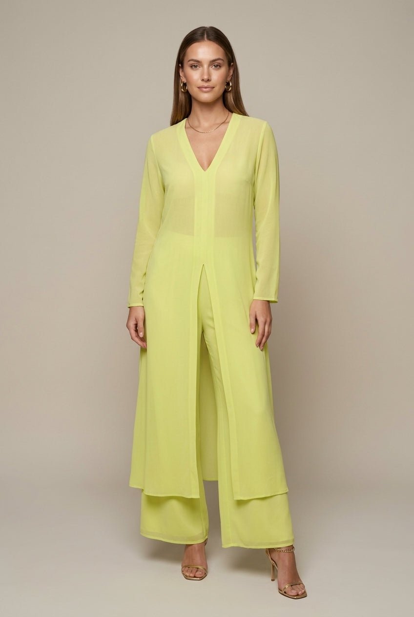 Women Set | Sheer Long Top and Matching Trousers Duo - Evergreen Outfits- Sets