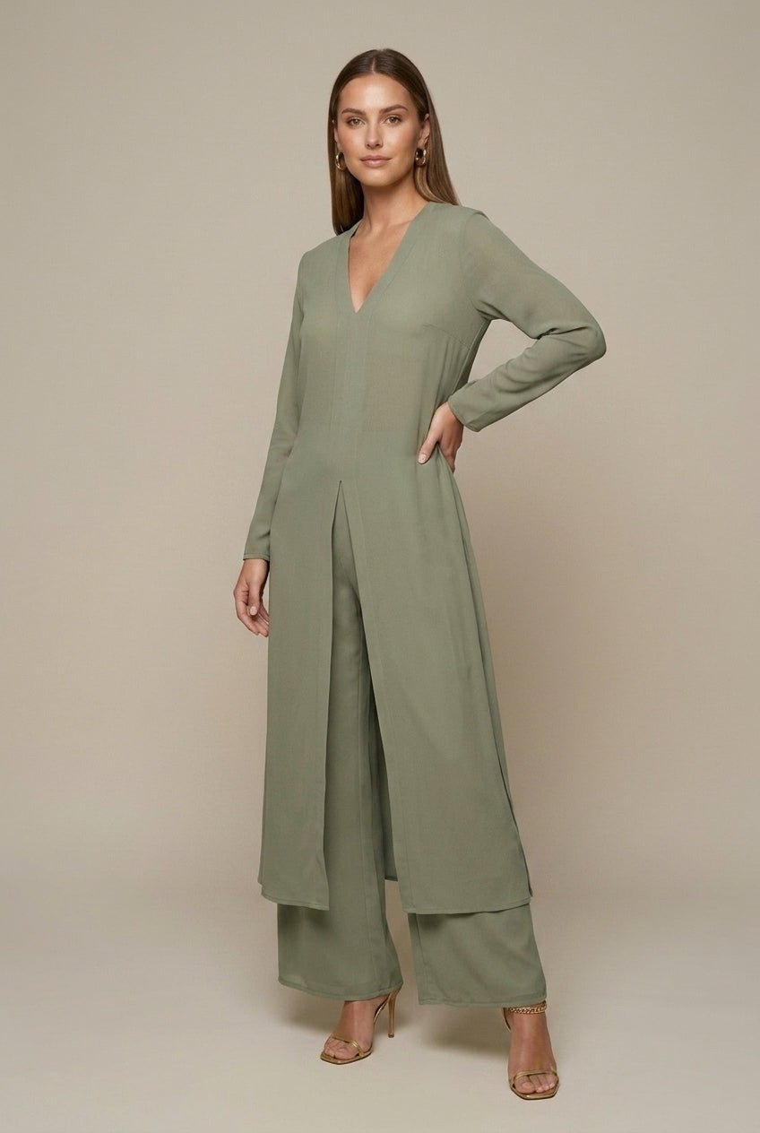 Women Set | Sheer Long Top and Matching Trousers Duo - Evergreen Outfits- Sets