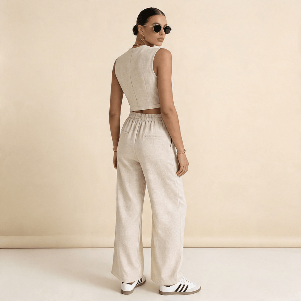 Women Set Sleeveless Cardigan Wide Leg Trousers Fit - Evergreen Outfits - Women Set