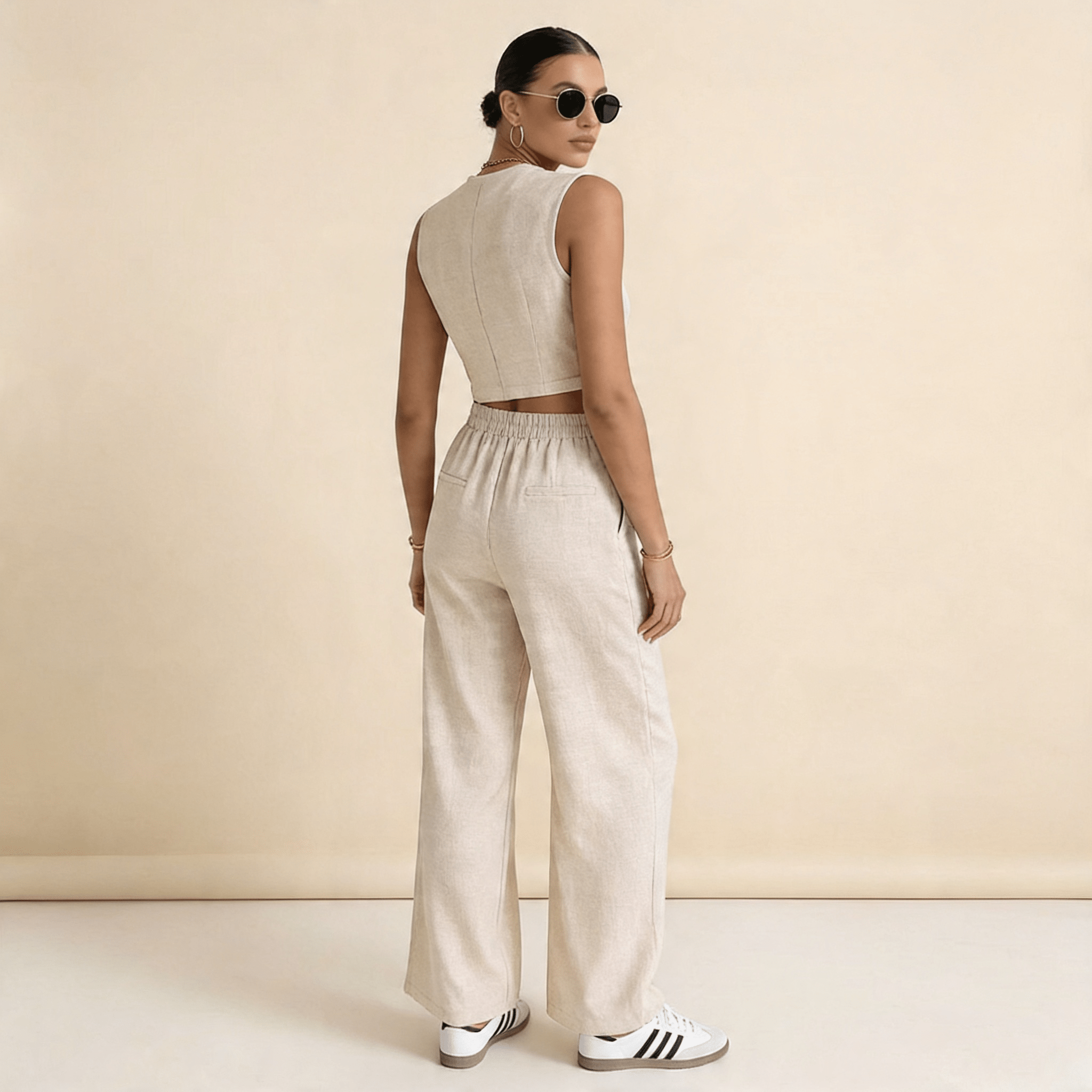 Women Set Sleeveless Cardigan Wide Leg Trousers Fit - Evergreen Outfits - Women Set