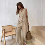 Women Set Sleeveless Cardigan Wide Leg Trousers Fit - Evergreen Outfits - Women Set