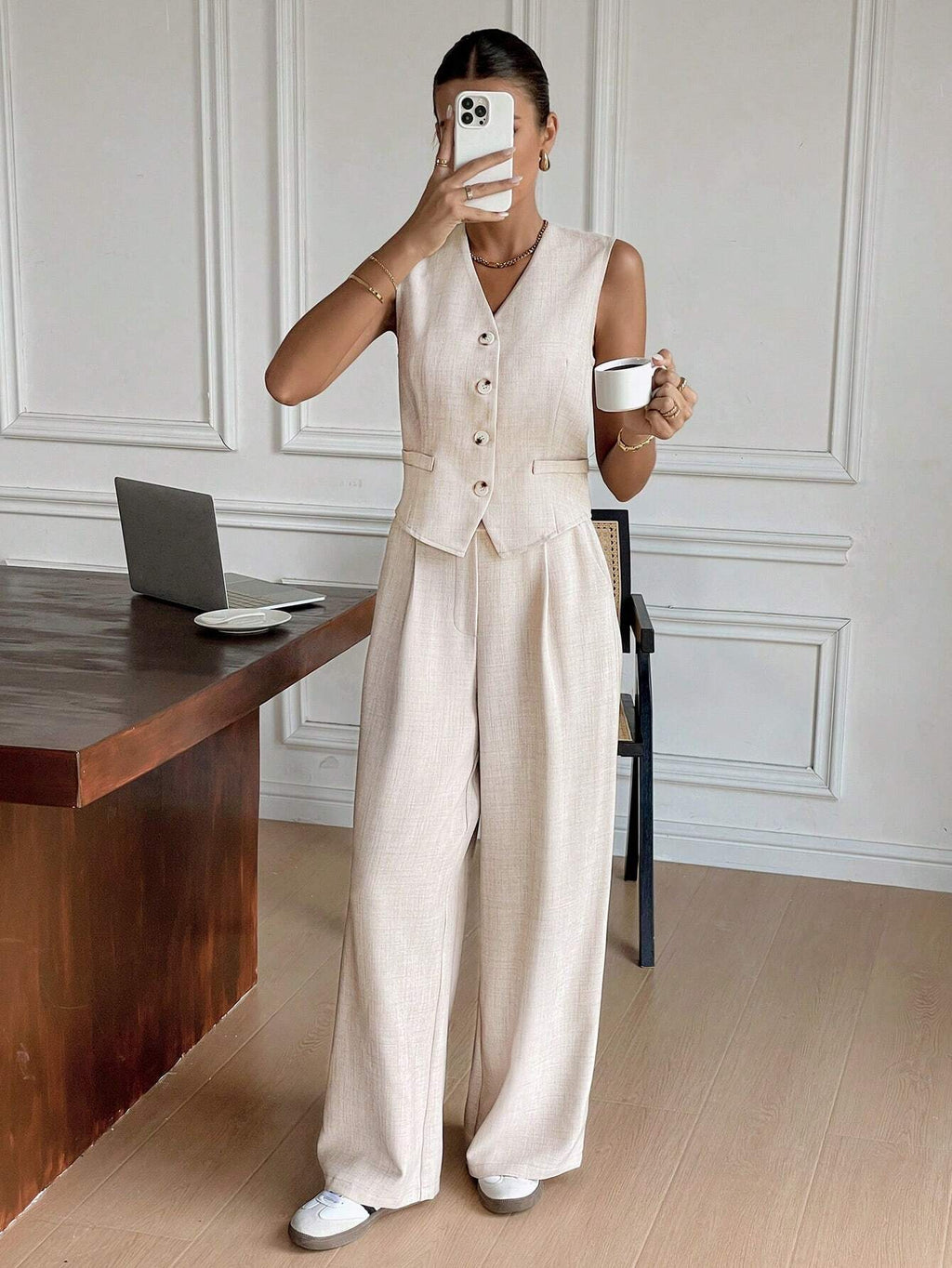 Women Set Sleeveless Cardigan Wide Leg Trousers Fit - Evergreen Outfits - Women Set