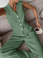 Women Set Sleeveless Cardigan Wide Leg Trousers Fit - Evergreen Outfits - Women Set