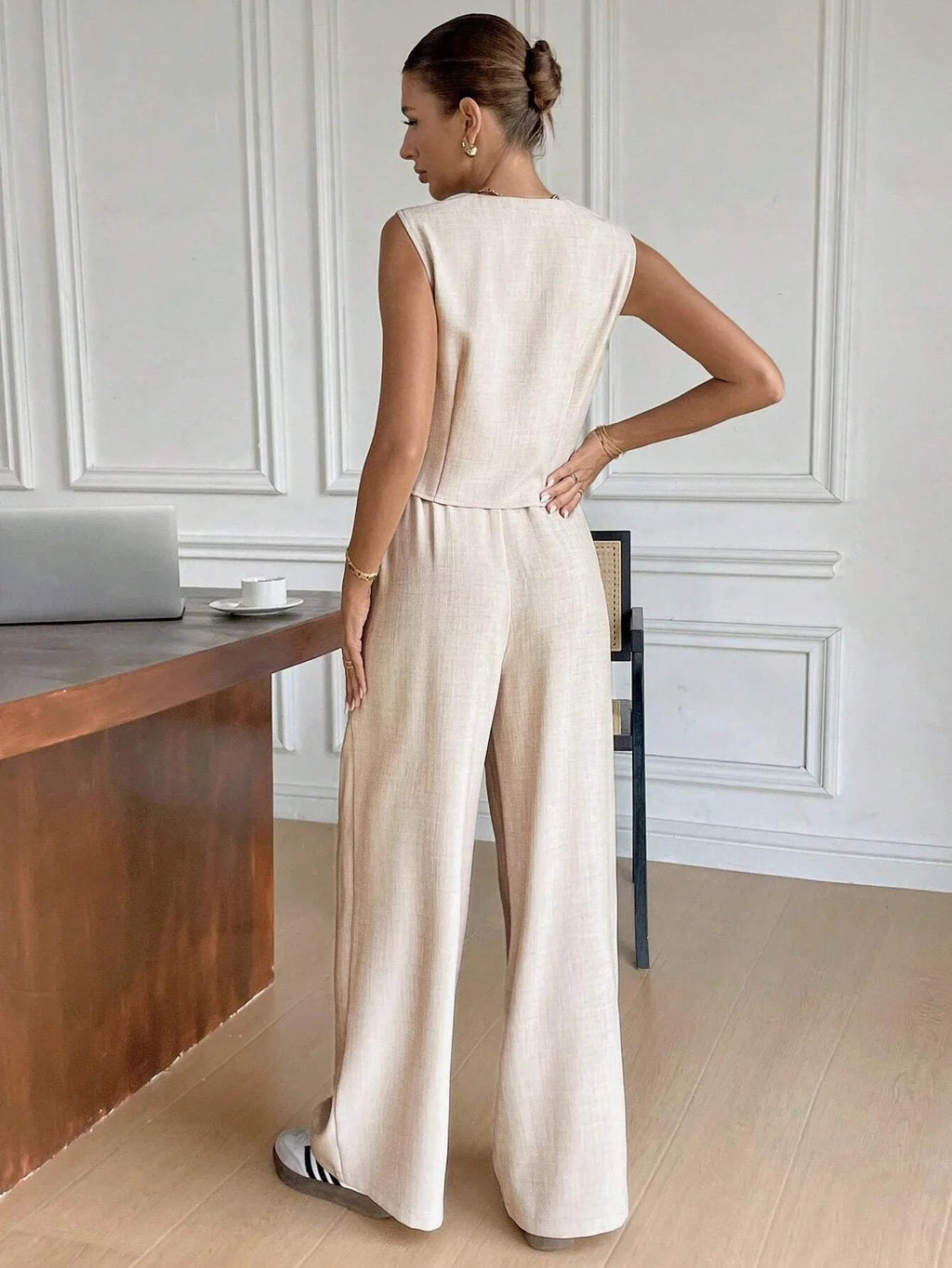 Women Set Sleeveless Cardigan Wide Leg Trousers Fit - Evergreen Outfits - Women Set